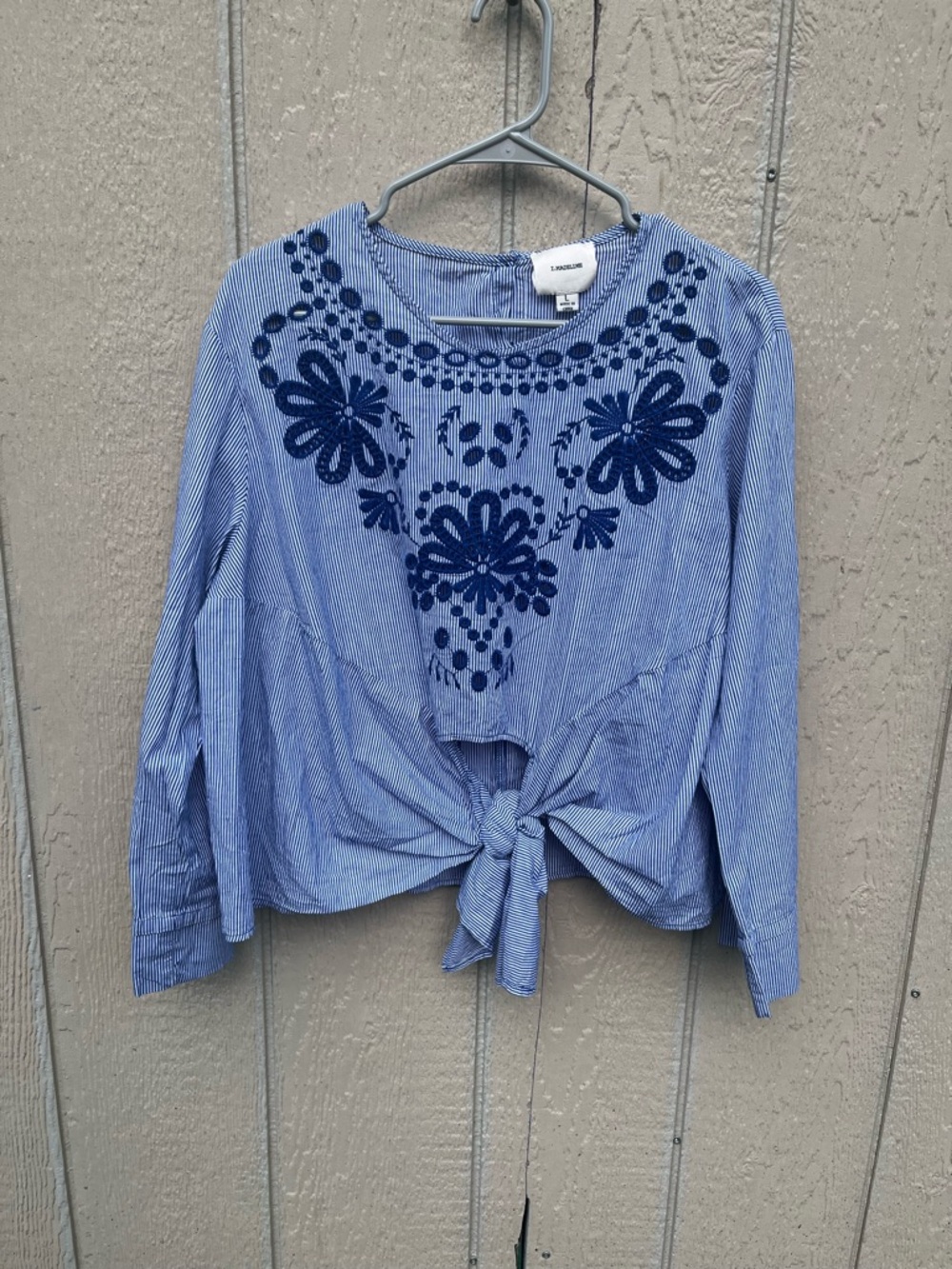 I.Madeline Blouse Embroidered Pinstripe Tie Front‎ Size Large